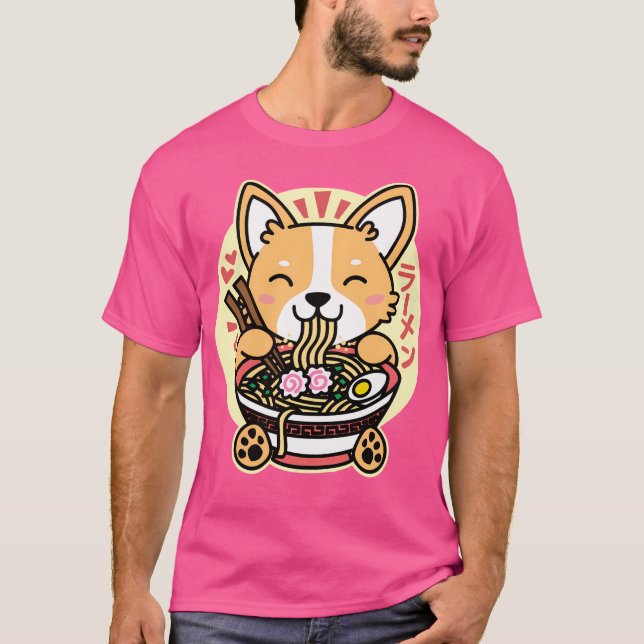 Camiseta Corgi Comer fideos Ramen Cute Kawaii (Anverso)