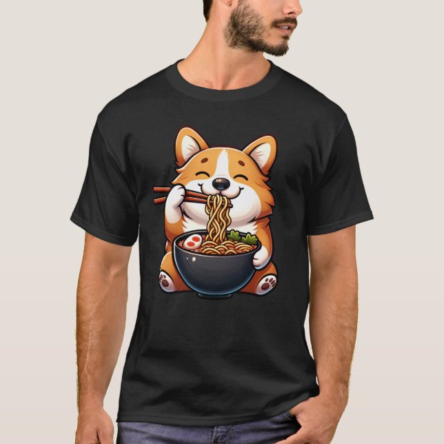 Camiseta Corgi comiendo fideos Ramen Anime Kawaii Japonés (Anverso)