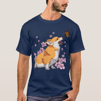 Camiseta Corgi con flor de cerezo Sakura japonés con maripo
