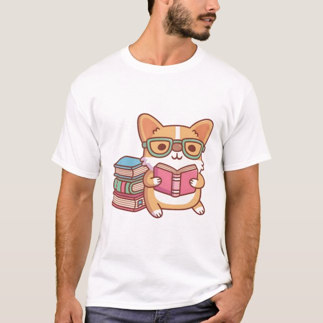 Camiseta Corgi Cuerdo Con Gafas Leyendo Un Libro (Anverso)