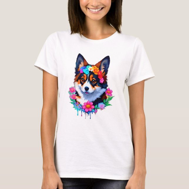 Camiseta Corgi Cúper con flores Corgicore! (Anverso)