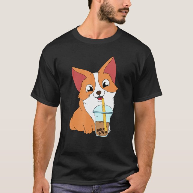 Camiseta Corgi Cute Bebiendo Té Leche Con Perlas (Anverso)