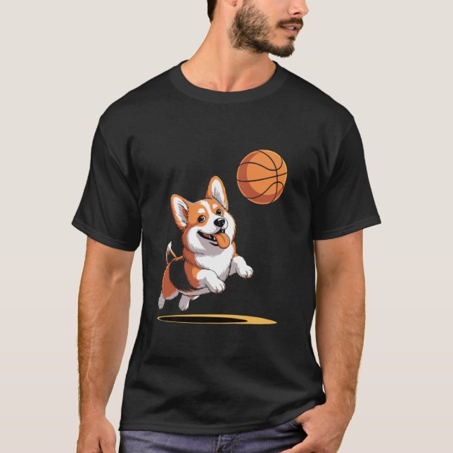 Camiseta Corgi Divertido Jugando Baloncesto Slam Dunk (Anverso)