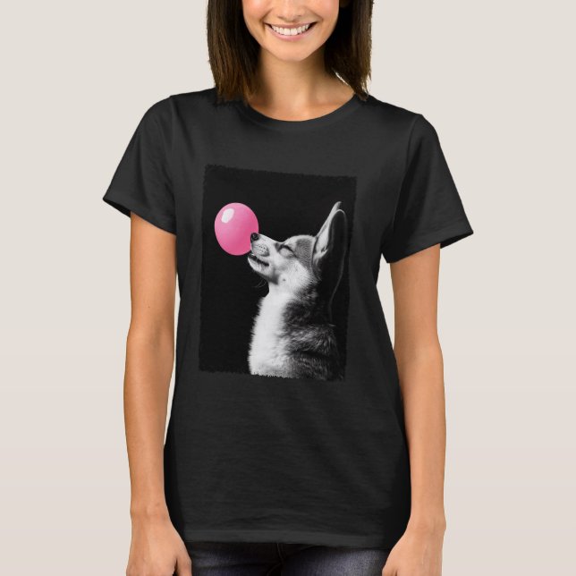 Camiseta Corgi Divertido Masticando Chicle Rosa (Anverso)
