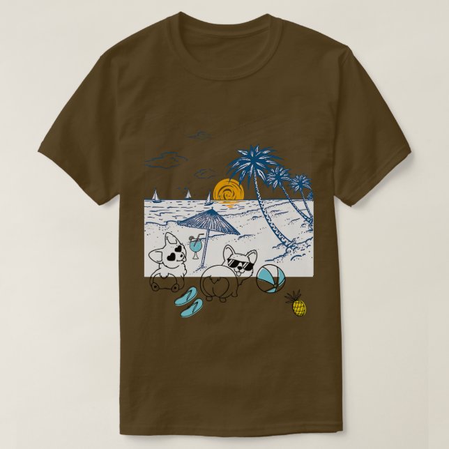 Camiseta Corgi Dog Beach View With Palm Trees And Sailboats (Diseño del anverso)