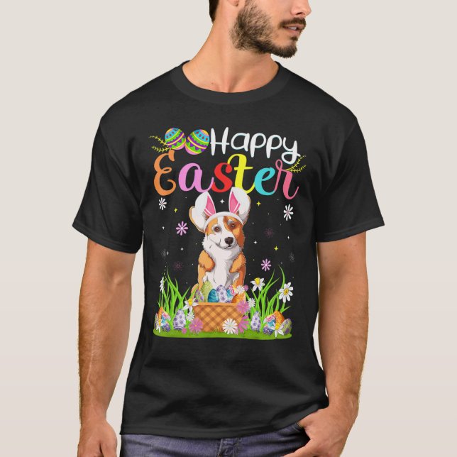 Camiseta Corgi Dog Bunny Egg Hunting Corgi Happy Easter (Anverso)