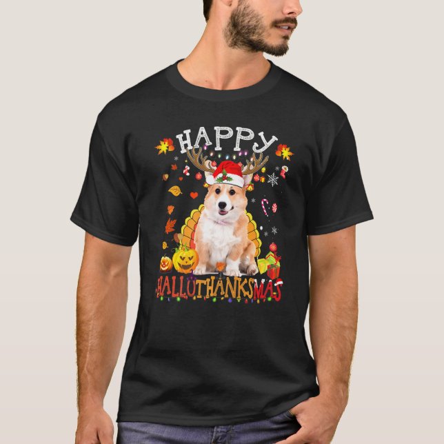 Camiseta Corgi Dog Happy Hallothanksmas Halloween Thanksgiv (Anverso)