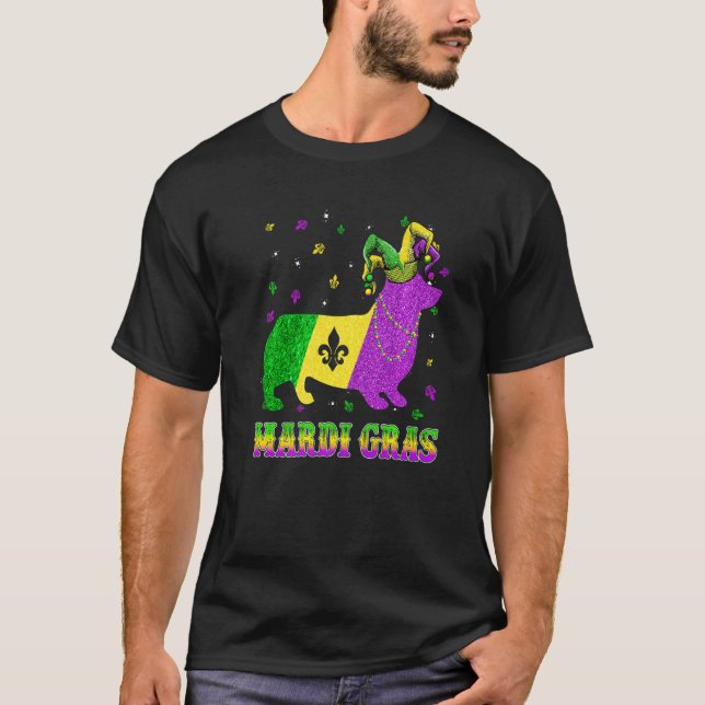 Camiseta Corgi Dog Mardi Gras Carnival Jester Beads Premium (Anverso)