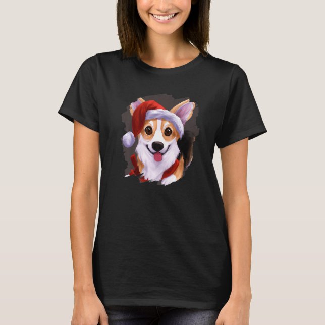 Camiseta Corgi Dog Usando Navidades Gorras de Santa Claus (Anverso)