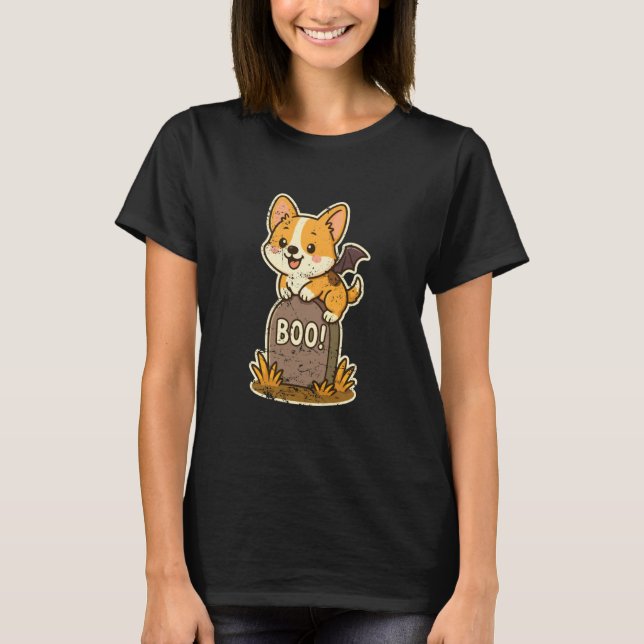 Camiseta Corgi en lápida Boo Halloween (Anverso)