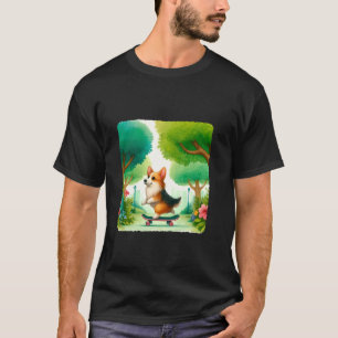 Camiseta Corgi en monopatín en el exuberante parque. Perro