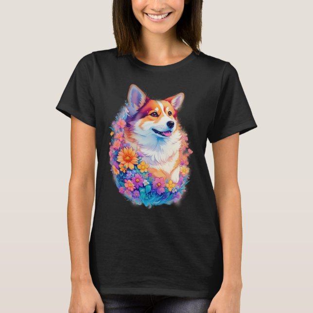 Camiseta Corgi floral arcoíris Gráfico de perro lindo (Anverso)