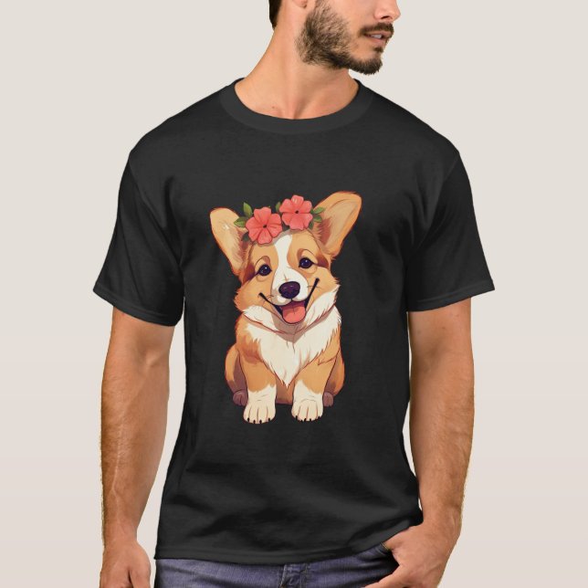 Camiseta Corgi galés lindo en una floral banda roja (Anverso)
