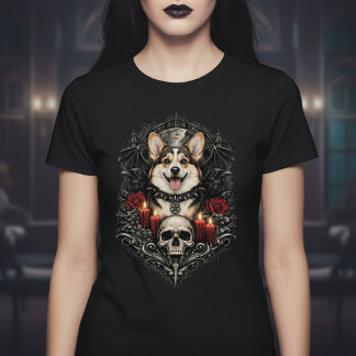 Camiseta Corgi Gótico Oscuro Con Calavera y Velas