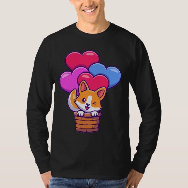 Camiseta Corgi Gracioso Volando Con Globos (Anverso)