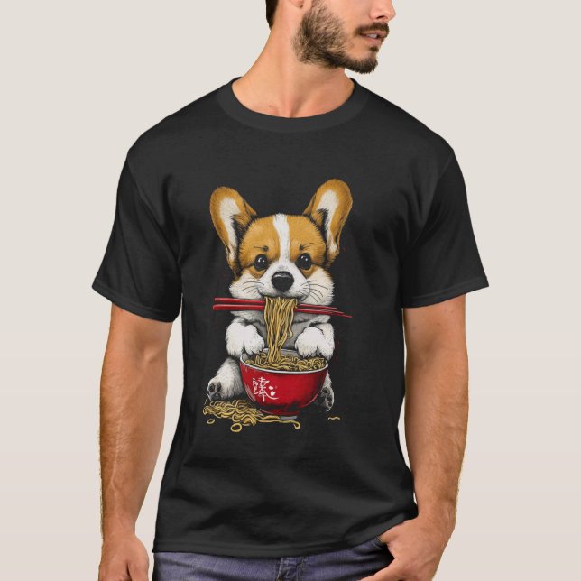 Camiseta Corgi lindo comiendo fideos Ramen (Anverso)