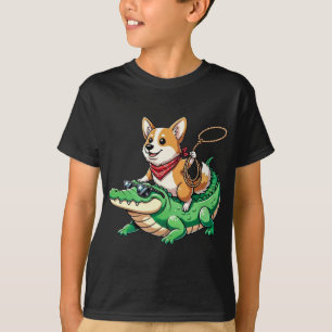 Camiseta Corgi Lindo y Divertido Montando Lagarto Vaquero P