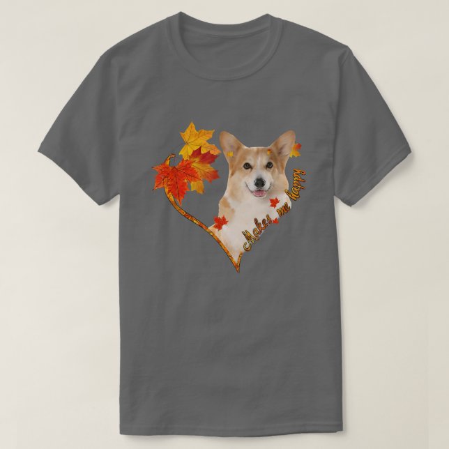 Camiseta Corgi Makes Me Happy Fall Heart Leaves  (Diseño del anverso)