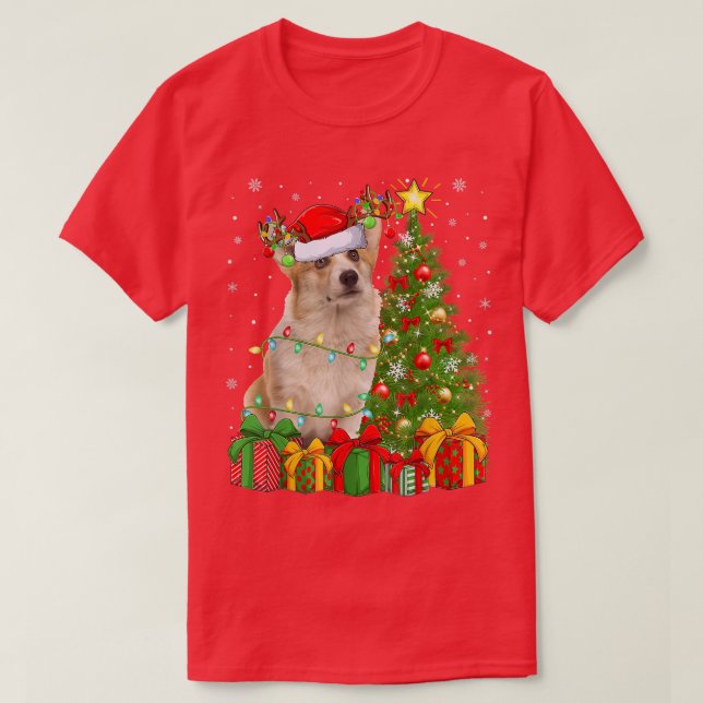 Camiseta Corgi Perro iluminando árbol de Navidad Santa Hat  (Diseño del anverso)