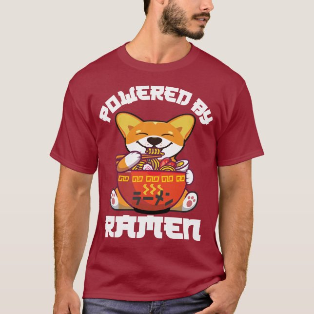 Camiseta CORGI POWEED BY RAMEN | Kawaii Corgi Comiendo Rame (Anverso)