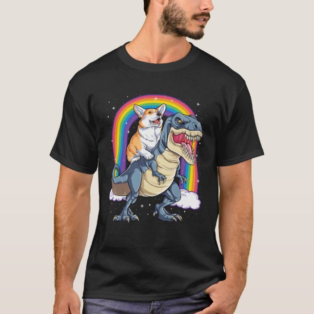 Camiseta Corgi Riding Dinosaur rex  Men Women Rainbow (Anverso)