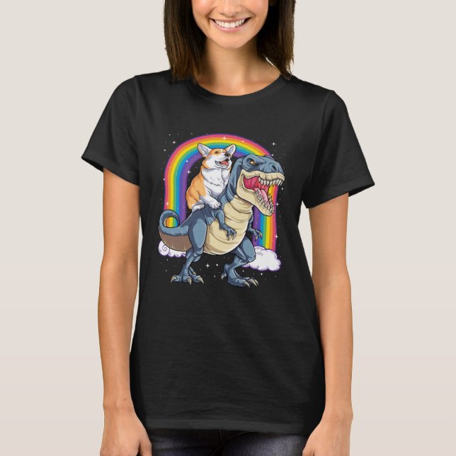 Camiseta Corgi Riding Dinosaur rex  Men Women Rainbow (Anverso)