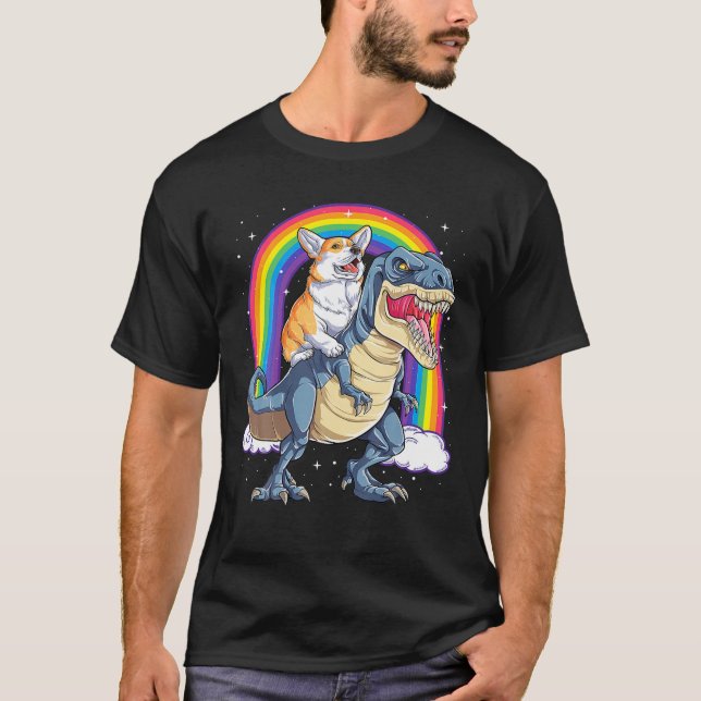 Camiseta Corgi Riding Dinosaur T Rex Funny Space Galaxy Rai (Anverso)