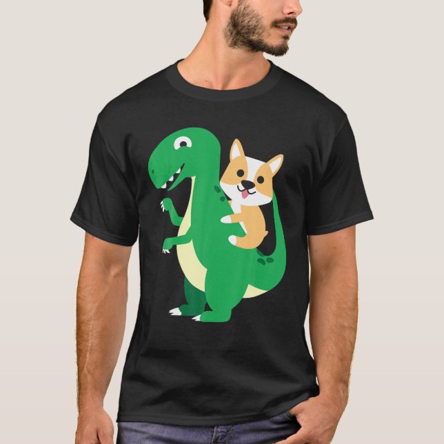 Camiseta Corgi Riding Rex Cool Dinosaur Dino Dog Halloween (Anverso)
