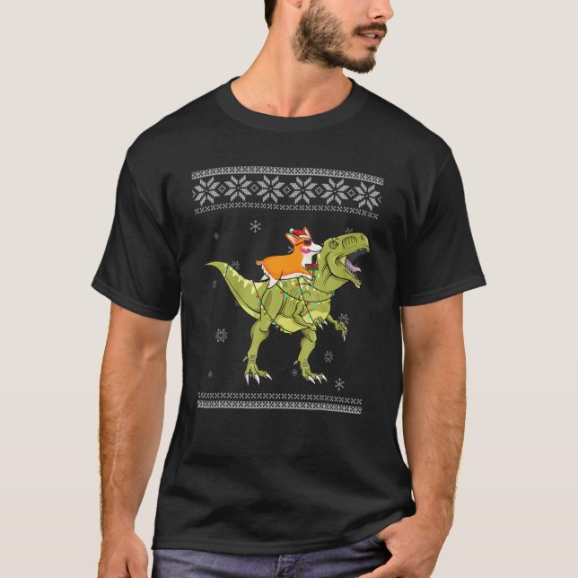 Camiseta Corgi Riding T Rex Dinosaurios Navidades Rayos Xma (Anverso)