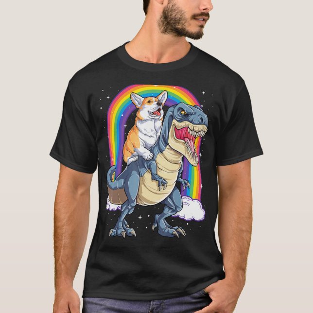 Camiseta Corgi Riendo Dinosaur T-rex Regalos Hombres Rainbo (Anverso)