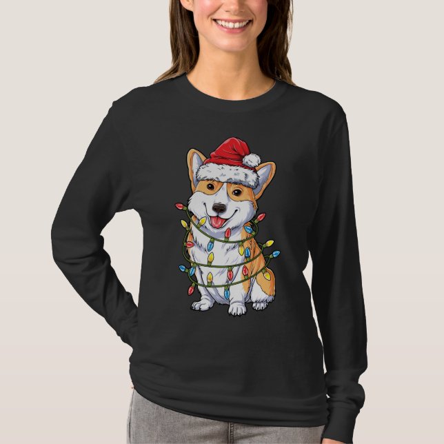 Camiseta Corgi Santa Christmas Tree enciende Navidad Perro  (Anverso)