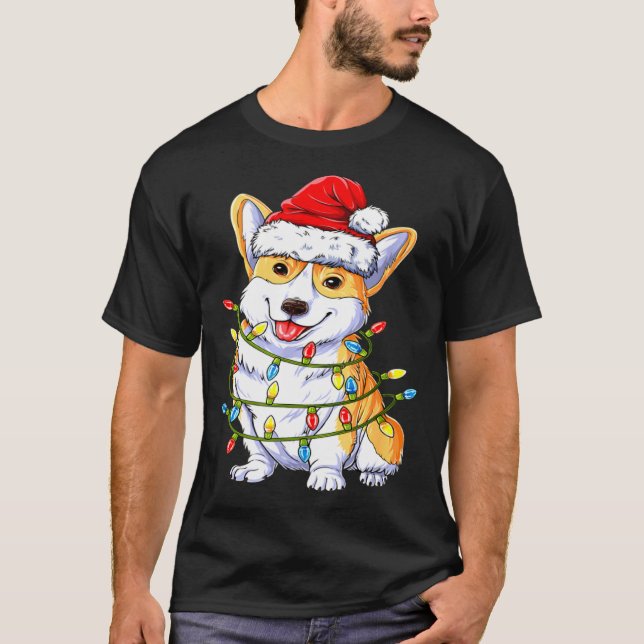 Camiseta Corgi Santa Christmas Tree Lights Xmas (Anverso)