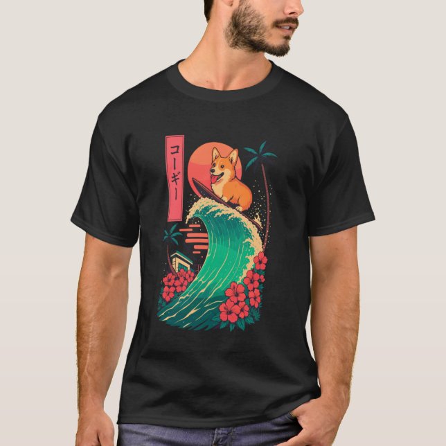 Camiseta Corgi surfeando ola japonesa (Anverso)