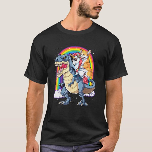 Camiseta Corgi Unicorn Montando Dinosaurio T Rex Hombres Ra (Anverso)