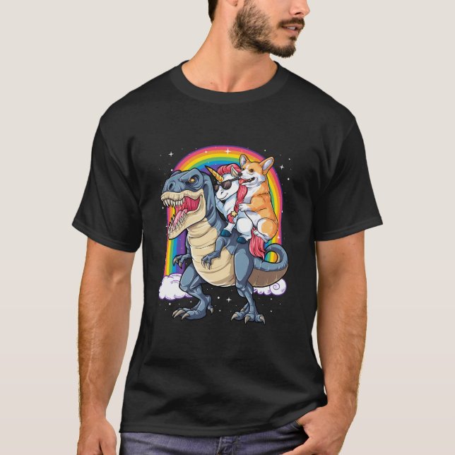 Camiseta Corgi Unicorn Montando Dinosaurios T Rex Regalos H (Anverso)