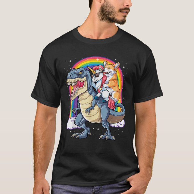 Camiseta Corgi Unicorn Riding Dinosaur T rex Gifts Hombres  (Anverso)