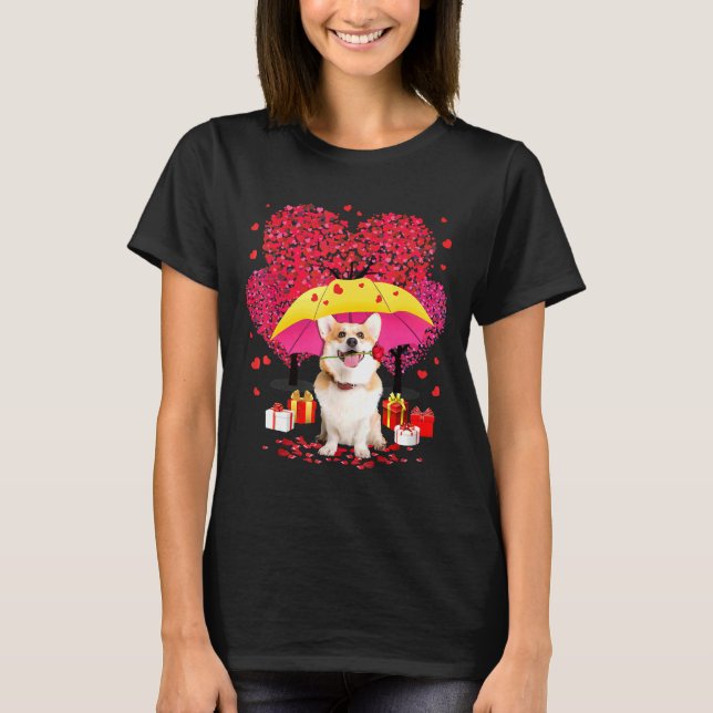 Camiseta Corgi Valentines Day Three Tree And Raining Hearts (Anverso)