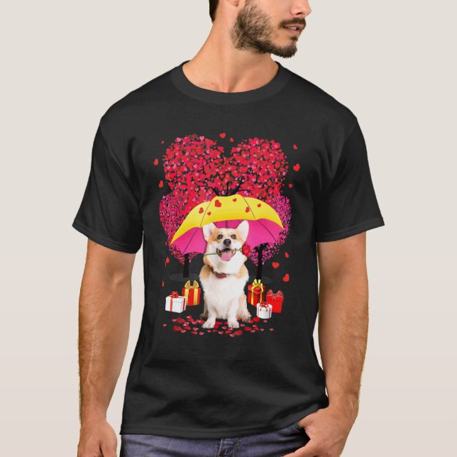 Camiseta Corgi Valentines Day Three Tree And Raining Hearts (Anverso)