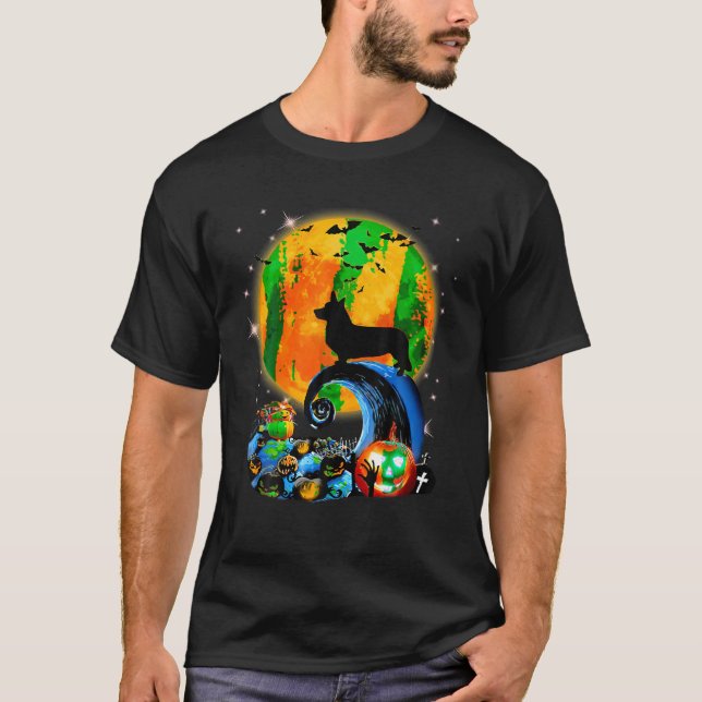 Camiseta Corgi Y Luna Amarilla Halloween Divertido Perro Lo (Anverso)
