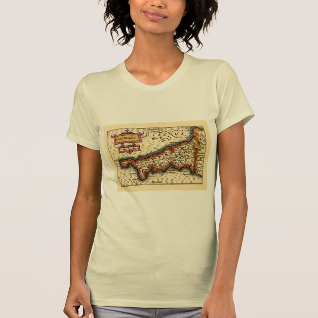 Camiseta Cornwall, Cornwaile County England Mapa Anticuario (Anverso)