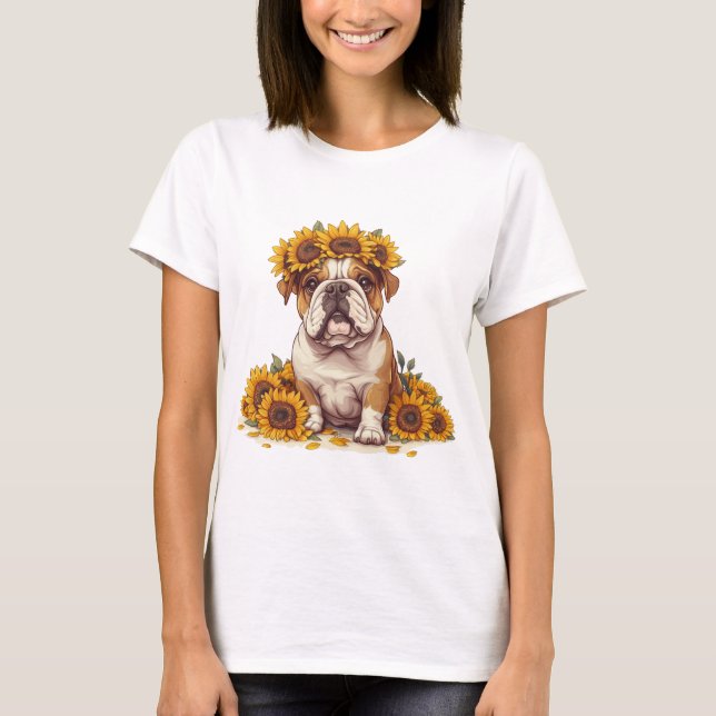 Camiseta Corona de girasol de Bulldog inglés (Anverso)