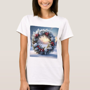 Camiseta Corona de Navidad nevada con bayas rojas