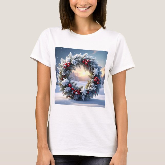 Camiseta Corona de Navidad nevada con bayas rojas (Anverso)