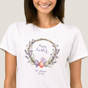 Camiseta Corona de Pascua de aquarela lavanda huevos coneji