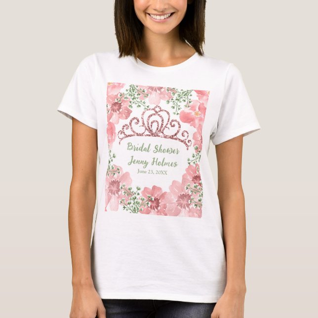 Camiseta Corona de purpurina rosa personalizada con rosas r (Anverso)