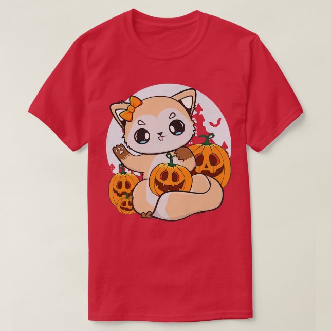 Camiseta Corta Anime Fox Con Calabaza Kawaii Para Halloween (Diseño del anverso)