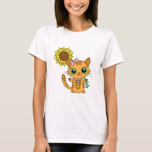 Camiseta Corte Kawaii Cat Holding Flower