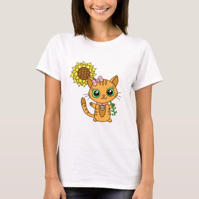 Camiseta Corte Kawaii Cat Holding Flower (Anverso)
