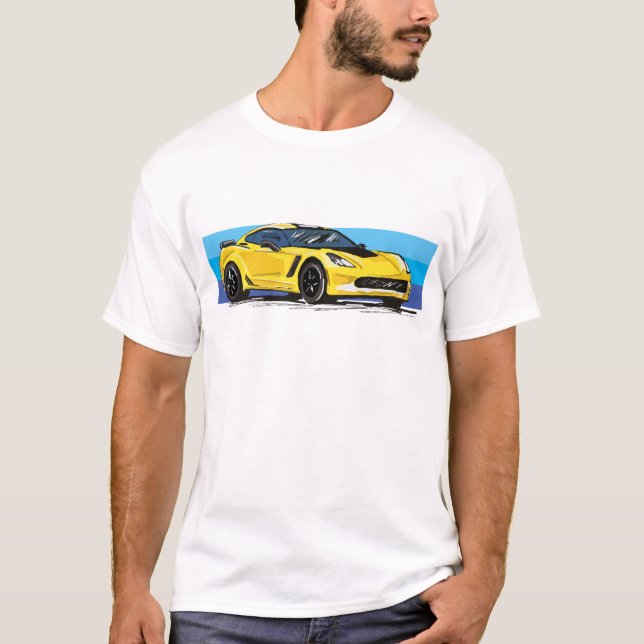 Camiseta Corvette C7 Amarillo Sportscar con banda azul (Anverso)