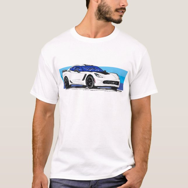 Camiseta Corvette C7 White Sportscar con banda azul (Anverso)
